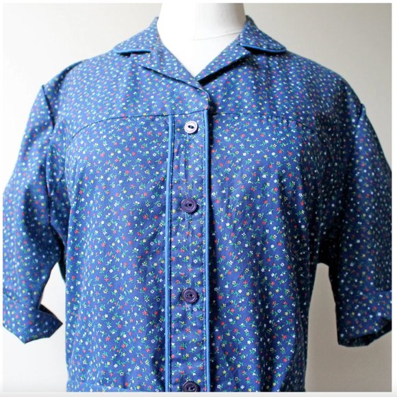 1970s Blue Multicolor Floral Print Short Sleeve Button Down Collar Shirt Dress - Picture 4 of 10